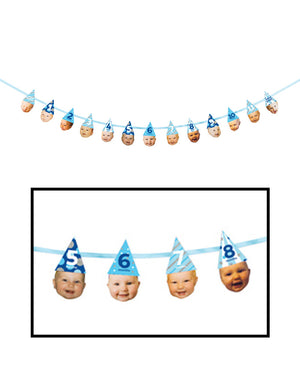1st Birthday Blue Custom Photo Hat Banner 2.75m