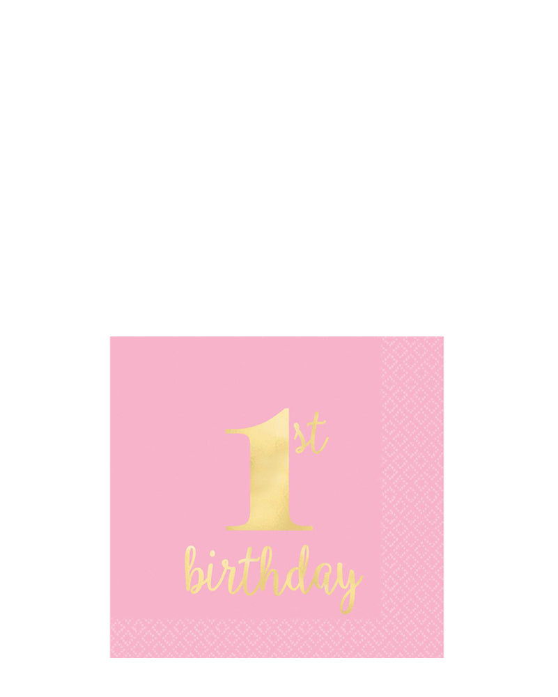 1st Birthday Pink Beverage Napkins Pack of 16