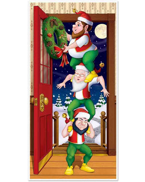 Image of elf door cover with three elves on each others shoulders putting a wreath on the door. 