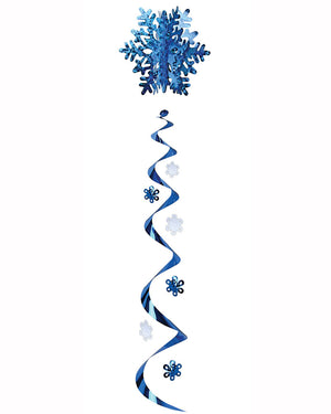 Image of blue and silver snowflake hanging decoration.