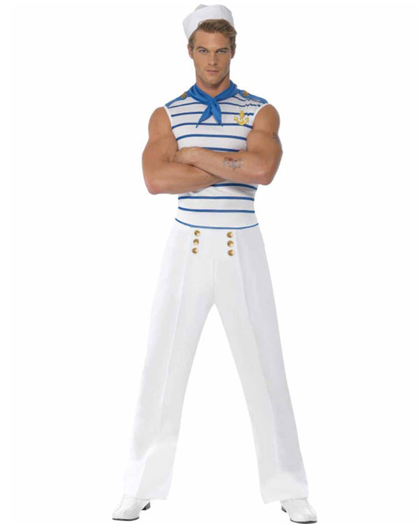 Image of man wearing French sailor costume with white pants and blue and white striped singlet. 