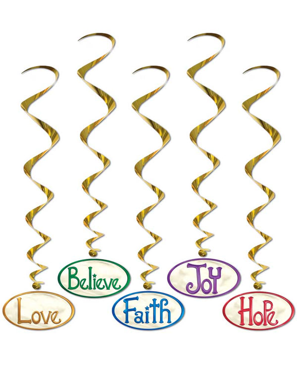 Image of gold hanging swirl decorations with different Christmas words like 'joy' and 'hope' attached. 