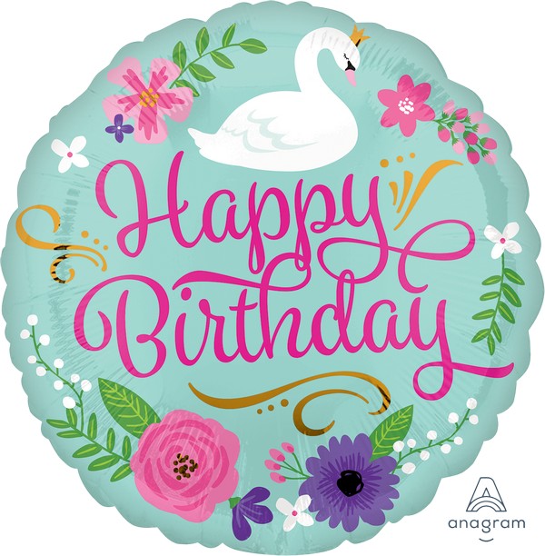 45cm Standard HX Happy Birthday Floral Swan Balloon
