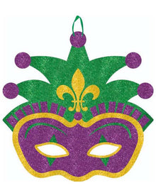 Mardi Gras Jester Mask Glitter Sign with Ribbon