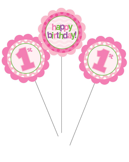 1st Birthday Pink Assorted Centrepiece Sticks Pack of 3