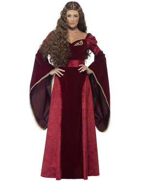 Image of woman wearing burgundy medieval queen dress. 