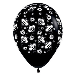 Sempertex 30cm Bumble Bees & Flowers Fashion Black Latex Balloons, 6PK Pack of 6