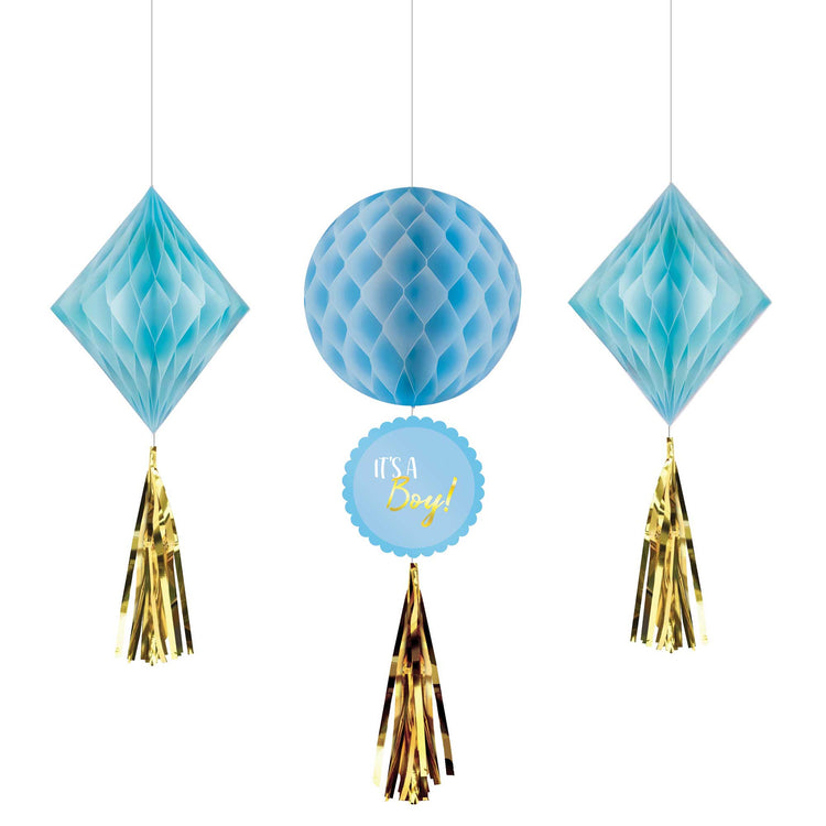 Baby Shower Boy Honeycomb Hanging Decorations Pack of 3