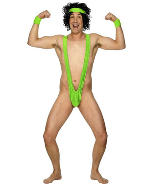 Image of man wearing green Borat mankini.