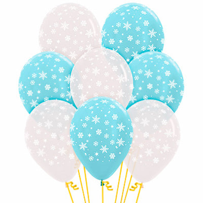 Christmas Sempertex 30cm Snowflakes Crystal Clear & Satin Pearl Blue Latex Balloons, 12PK Pack of 12