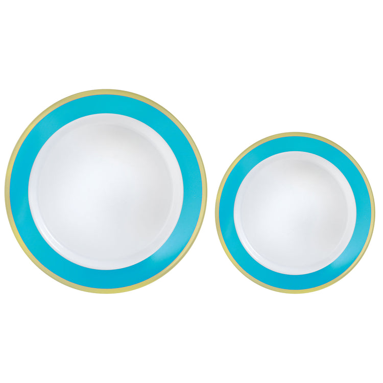 Premium Plastic Plates Hot Stamped with Caribbean Blue Border Pack of 20