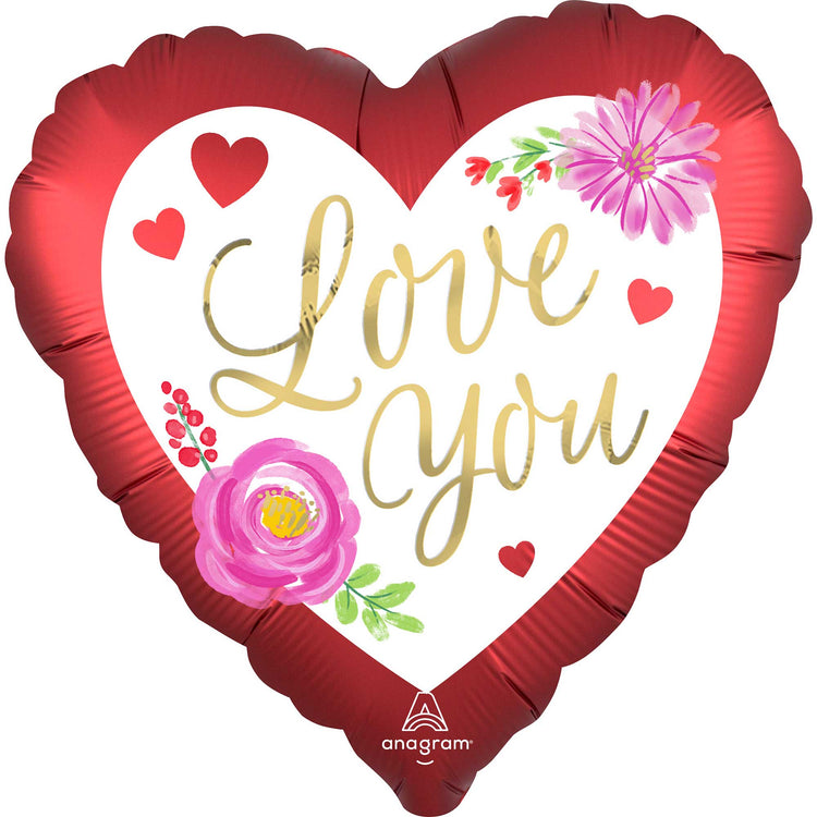 Valentines Day Love You Satin Watercolour Floral 45cm Foil Balloon