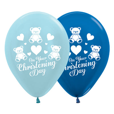 Sempertex 30cm On Your Christening Day Satin Pearl Blue & Metallic Blue Latex Balloons, 6PK Pack of 6