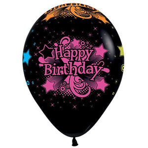Sempertex 30cm Happy Birthday Fashion Black & Neon Latex Balloons, 12PK Pack of 12