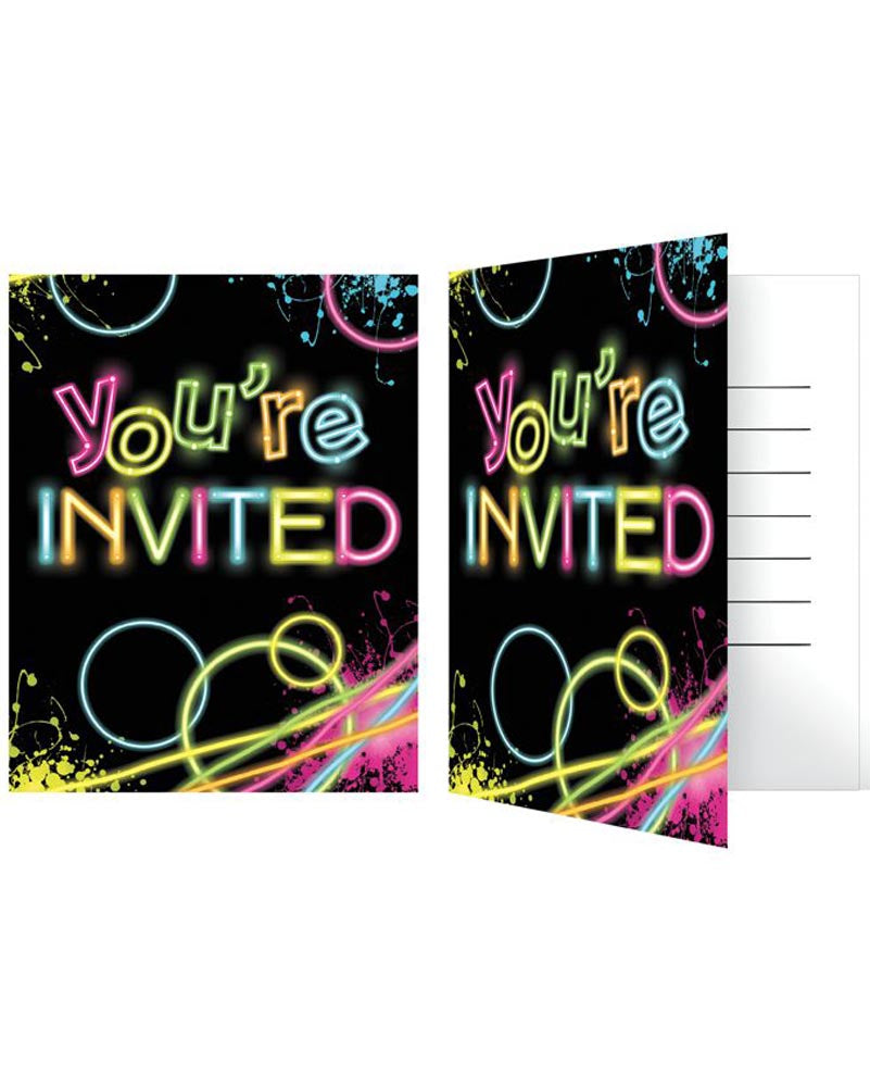 Glow Party Invitation Cards Pack of 8