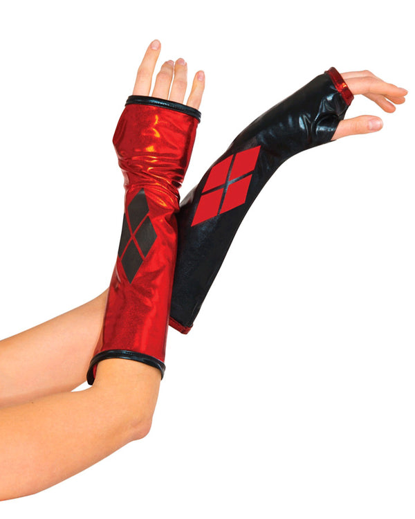 Image of person wearing red and black Harley Quinn gauntlets.