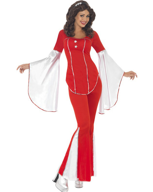 Image of woman wearing red Abba style costume. 
