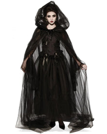 Black Sheer Tulle Hooded Halloween Cape