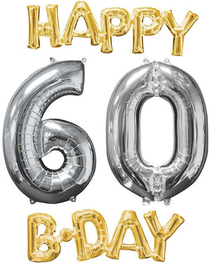 Gold and Silver Happy 60 Bday Balloons Pack of 4