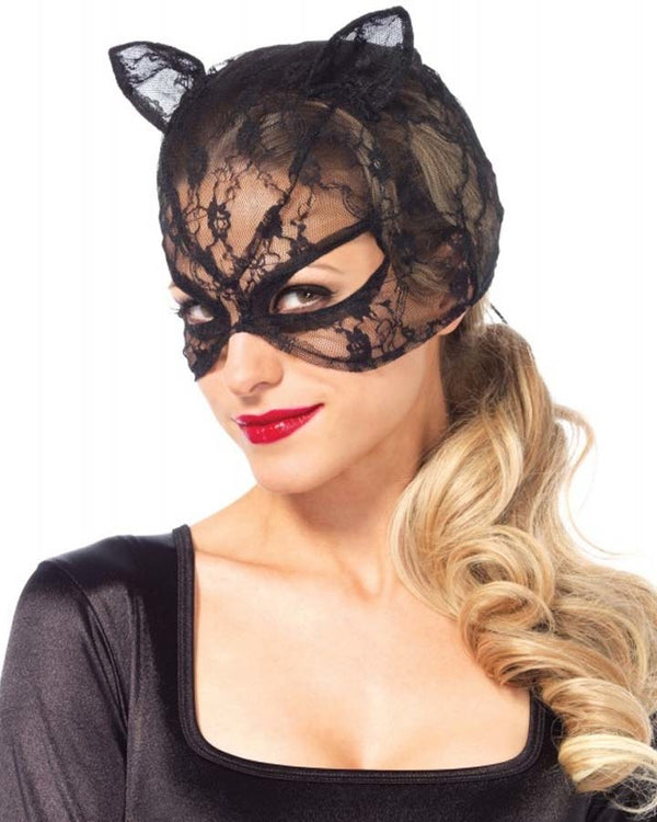 Black Lace Cat Mask with Lace Up Back