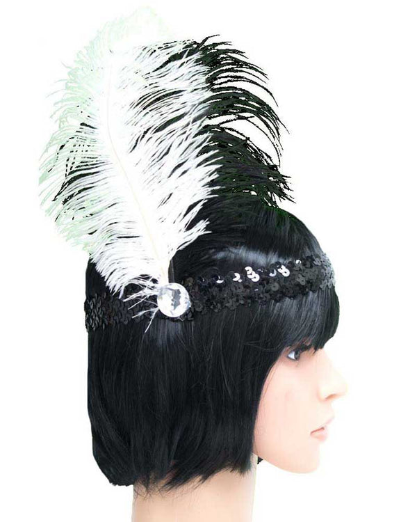 Black Sequin 20s Headband with Feathers