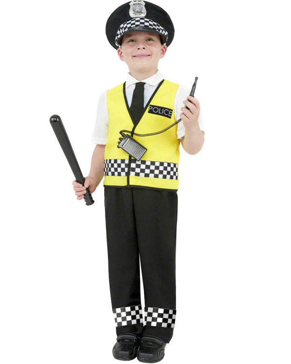 Image of boy wearing police costume with pants, shirt, hat and yellow fluro vest.