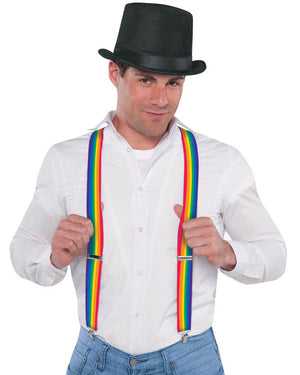 Image of man wearing white shirt, black top hat and colourful rainbow suspenders.
