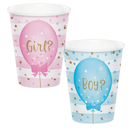Gender Reveal Balloons Cups Paper 266ml 2-Sided Design Pack of 8
