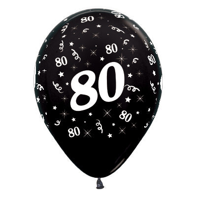 Sempertex 30cm Age 80 Metallic Black Latex Balloons 6PK Pack of 6