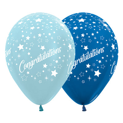 Sempertex 30cm Congratulations Stars Satin Pearl Blue & Metallic Blue Latex Balloons 25PK Pack of 25