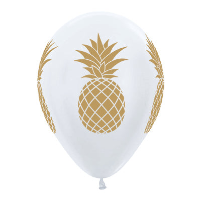 Sempertex 30cm Tropical Pineapple Satin Pearl White & Gold Ink Latex Balloons, 25PK Pack of 25