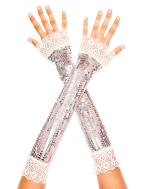 80s Silver Sequin and Lace Elbow Length Gloves