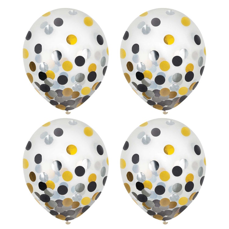 Latex Balloons 30cm & Confetti Black, Silver & Gold Pack of 6