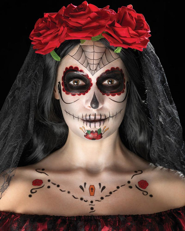 Day Of The Dead Face Tattoo Transfers Kit Black And Red