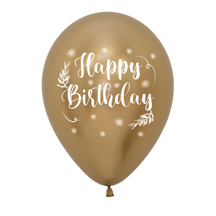 Sempertex 30cm Happy Birthday Romantic Leaves Metallic Reflex Gold Latex Balloons 12PK Pack of 12