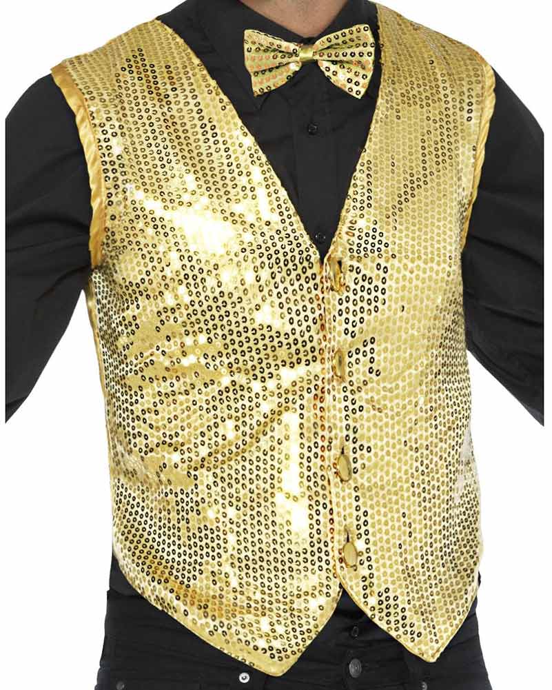 Image of man wearing gold sequin waistcoat. 