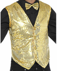 Image of man wearing gold sequin waistcoat. 