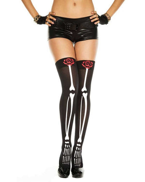 Skeleton and Rose Print Opaque Thigh High Stockings