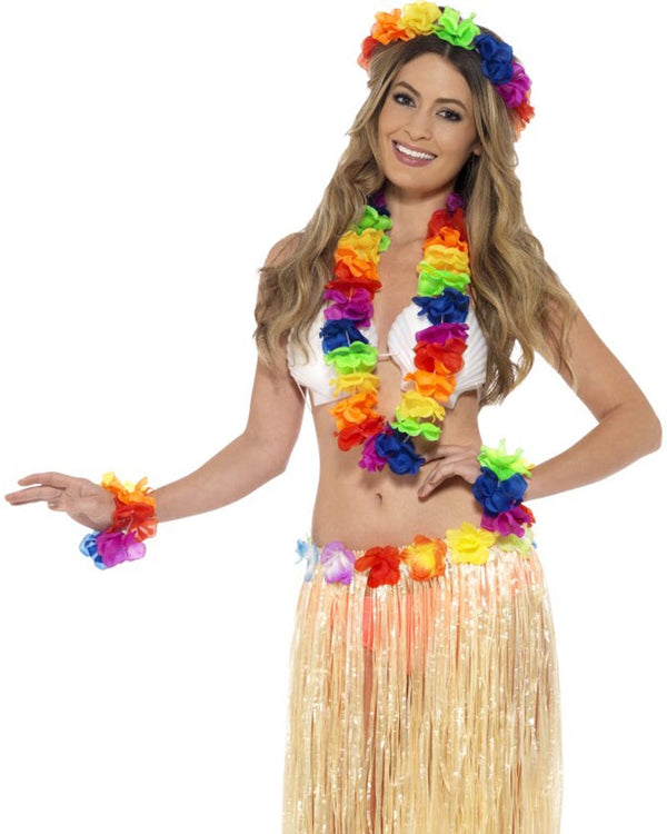 Rainbow Hawaiian Headband Lei and Wristbands Set