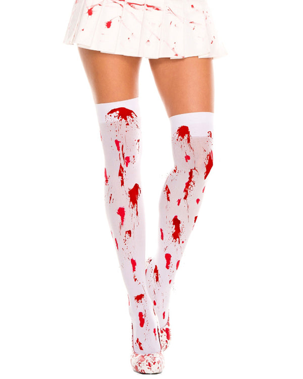 White Opaque Thigh High Stockings with Blood Drip
