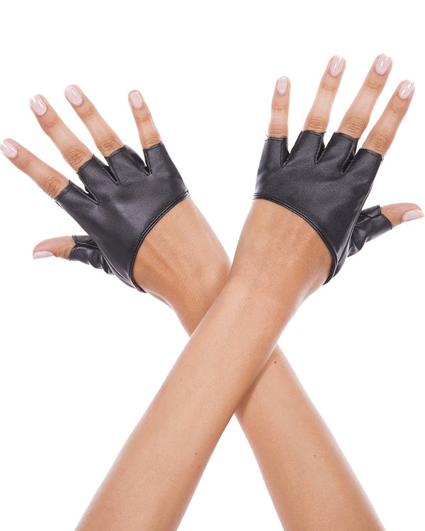 Short Black Faux Leather Fingerless Gloves - Main Image