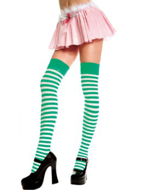 White and Green Striped Opaque Thigh High Stockings