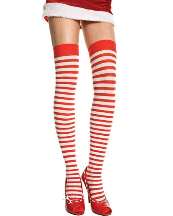 Christmas White and Red Opaque Striped Thigh High Stockings