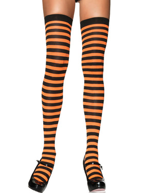 Black and Neon Orange Striped Thigh Highs Stockings
