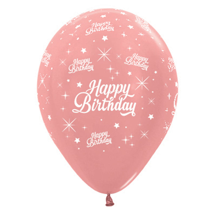Sempertex 30cm Happy Birthday Twinkling Stars Metallic Rose Gold Latex Balloons, 6PK Pack of 6