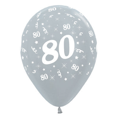 Sempertex 30cm Age 80 Satin Pearl Silver Latex Balloons 6PK Pack of 6