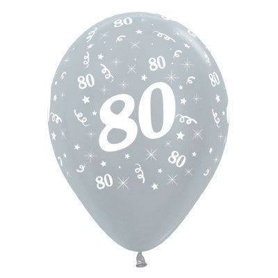 Sempertex 30cm Age 80 Satin Pearl Silver Latex Balloons, 6PK Pack of 6