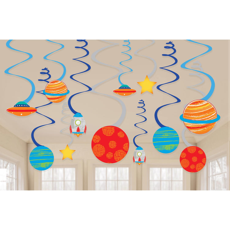 Blast Off Birthday Spiral Swirls Hanging Decorations Pack of 12