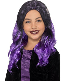 Purple Witch Long Black and Purple Kids Halloween Wig