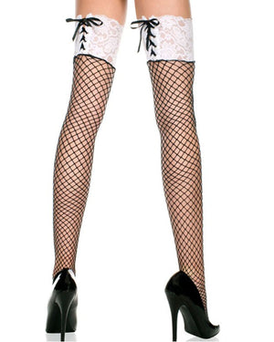 Black Mini Diamond Net Thigh Stockings with White Lace Top